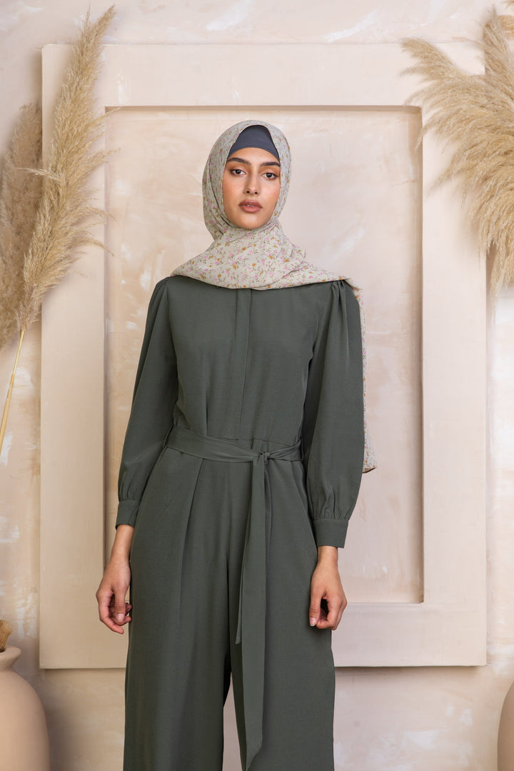 Olive green jumpsuit with hijab, perfect for stylish maxi dress or skirt looks