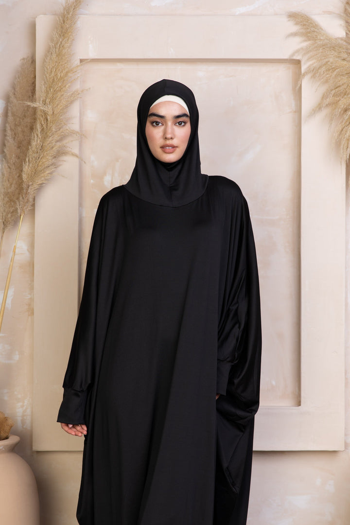 Black modest One Piece Salah Prayer Outfit with attached hijab in breathable material