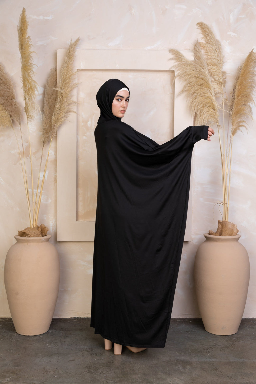 Black flowing abaya with hijab in a breathable material Salah outfit for prayer