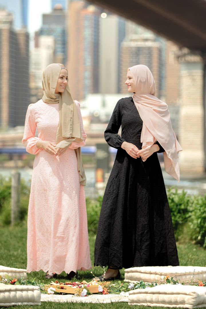 Two women in modest hijabs wearing Peach Eyelet Long Sleeve Maxi Dresses