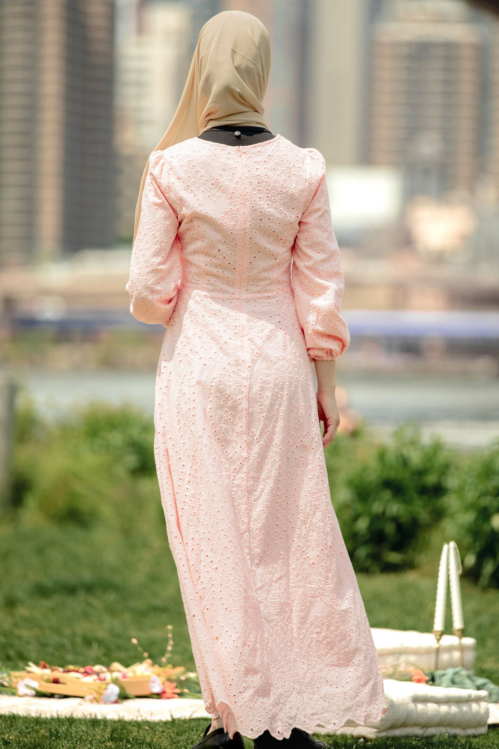 Peach Eyelet Long Sleeve Maxi Dress showcasing delicate eyelet detailing and stylish design