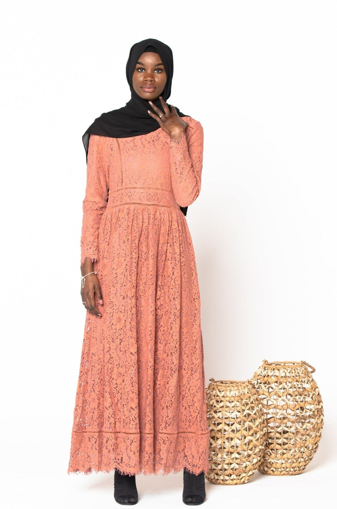 Peach Zahra Lace Long Sleeve Maxi Gown featuring guipure lace and zipper closure