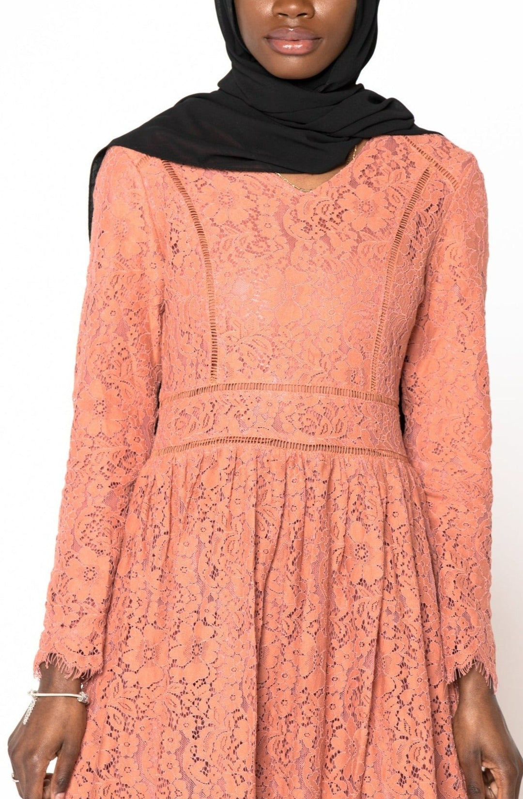 Peach Zahra Lace Long Sleeve Maxi Gown with guipure lace and zipper closure