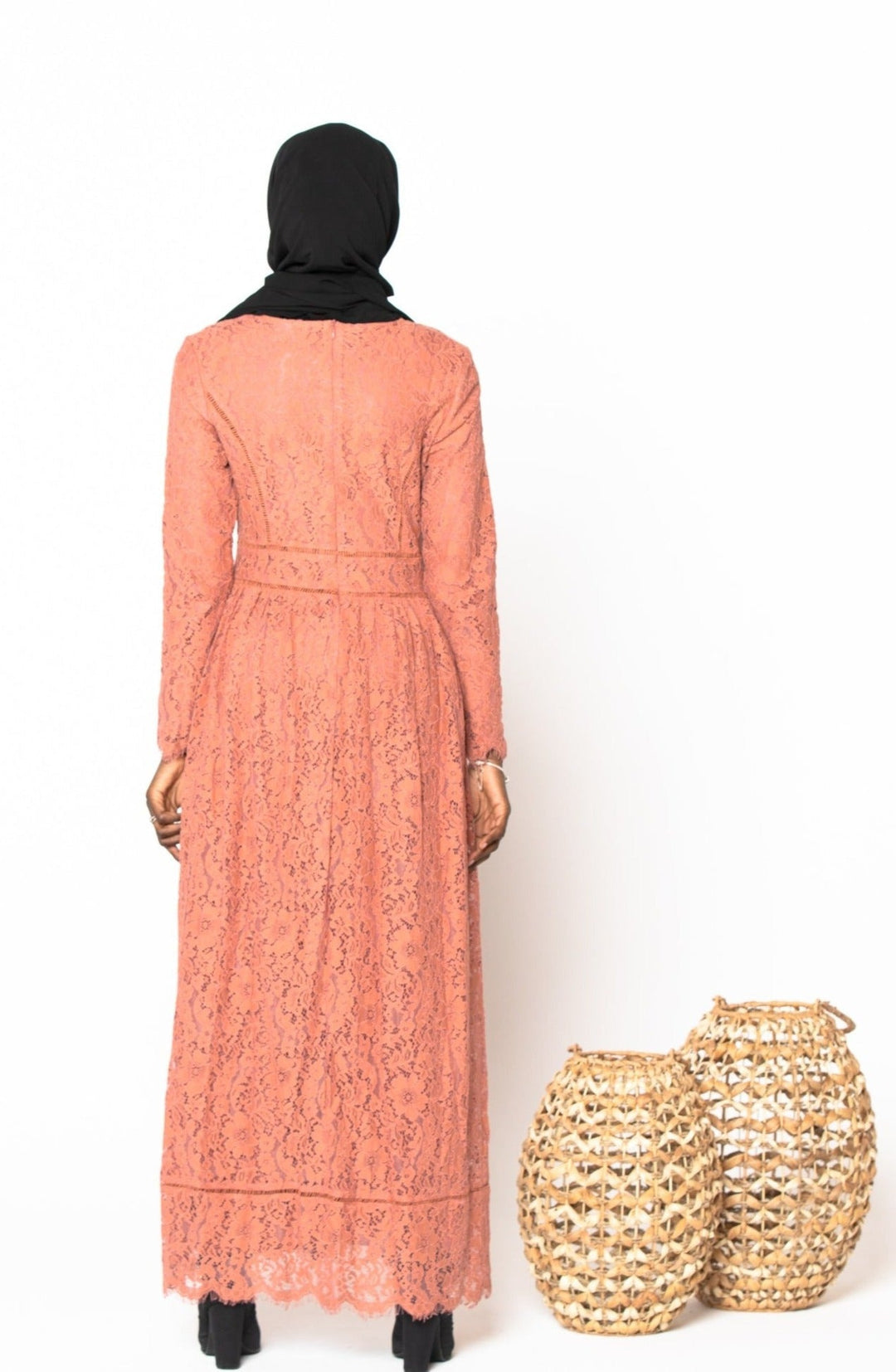 Peach Zahra Lace Long Sleeve Maxi Gown with black hijab and zipper closure detail