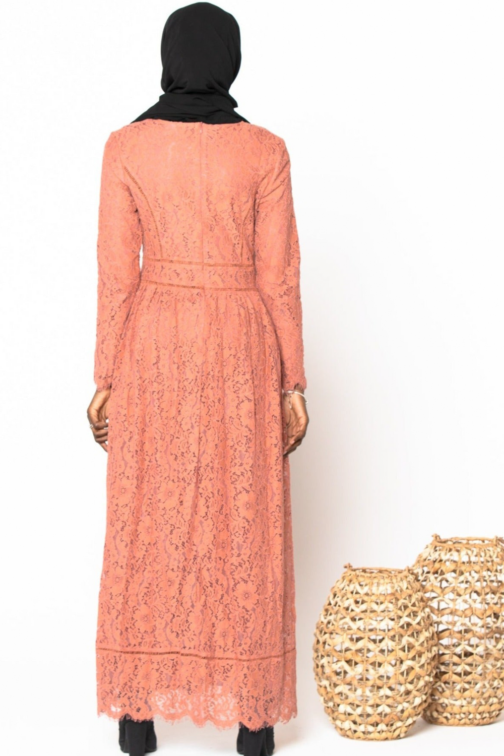 Long-sleeved coral lace dress with black hijab, Peach Zahra Lace Long Sleeve Maxi Gown