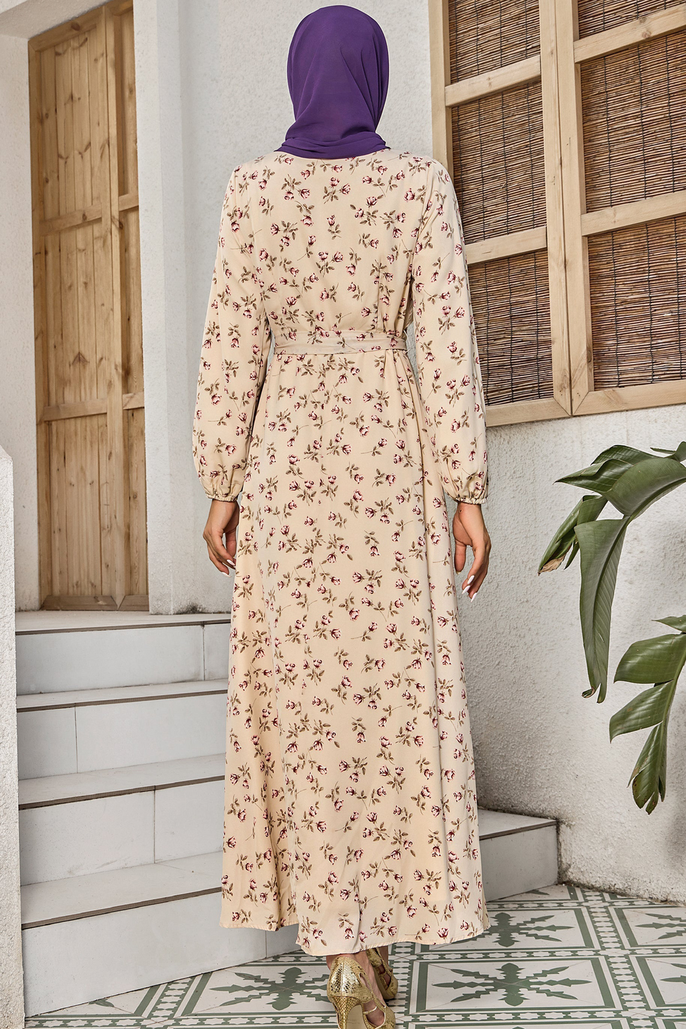 Floral print Petal Perfect Cream Maxi Dress with criss cross neckline and hijab