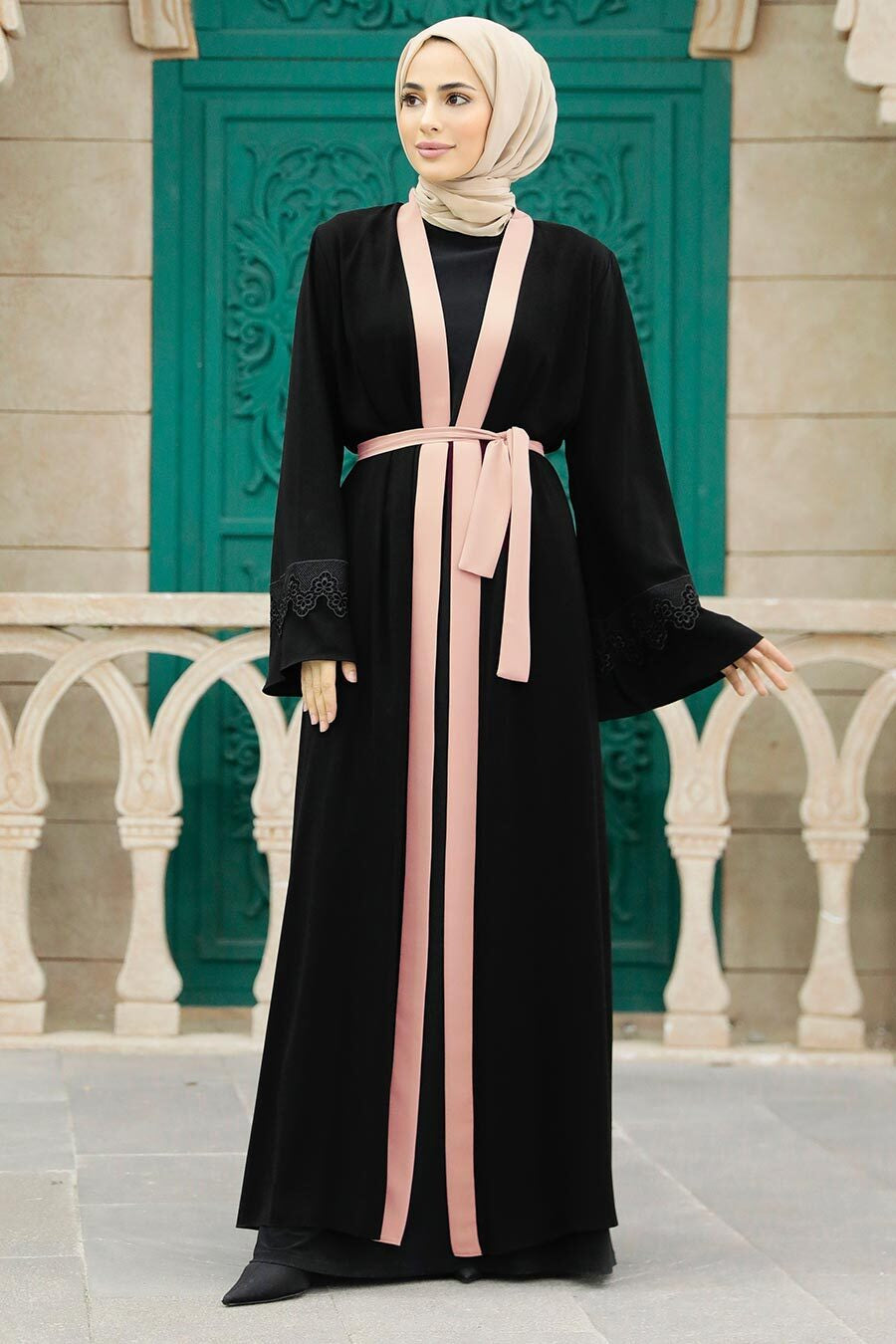 Pink and Black Open Abaya - Abayas