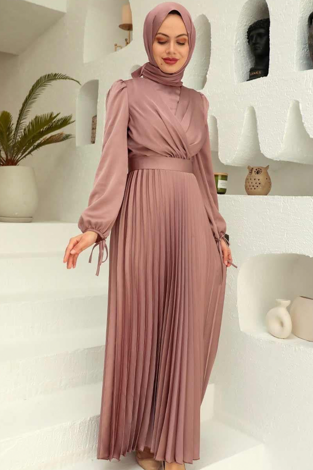 Pink Criss Cross Pleated Satin Gown