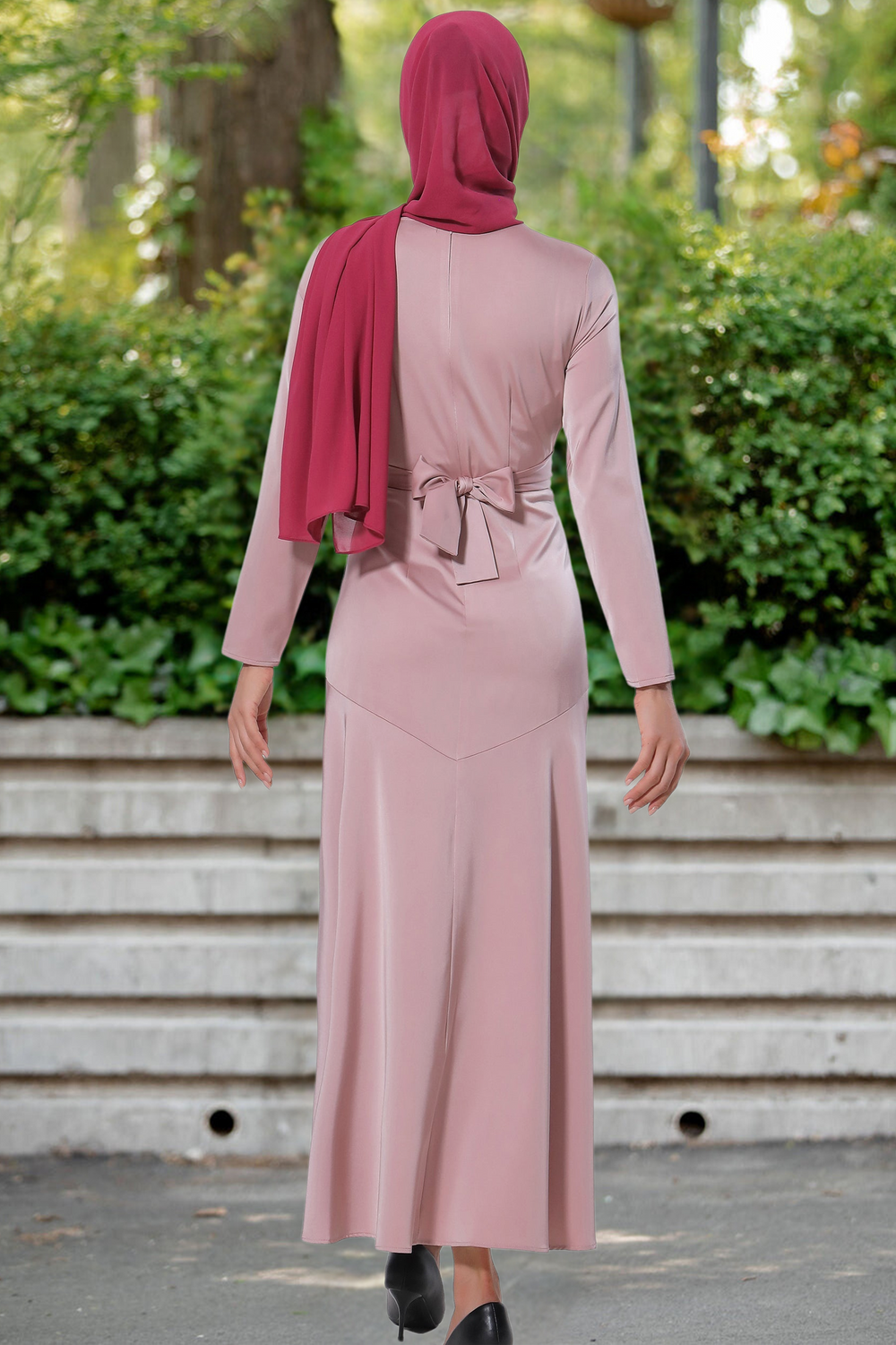 Pink criss cross satin long sleeve maxi dress with matching hijab on clearance sale