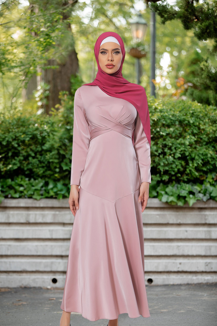 Long-sleeved pink criss cross satin maxi dress with burgundy hijab for clearance