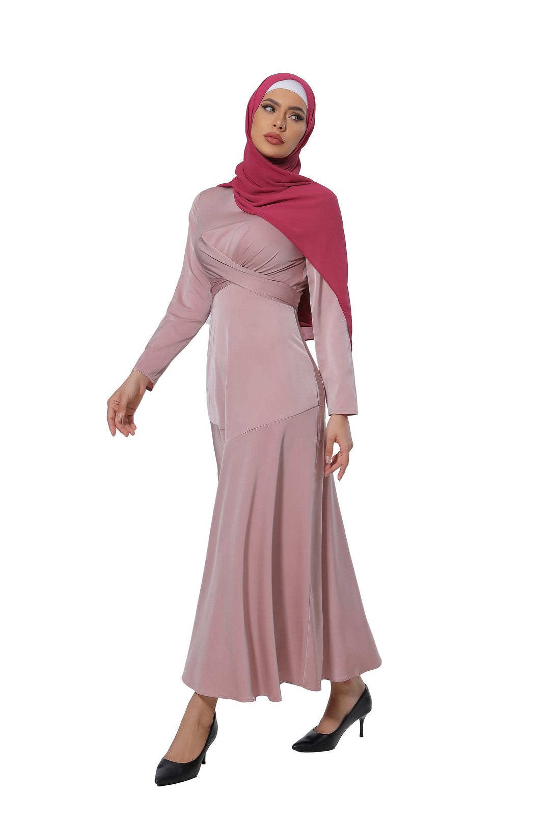 Woman wearing a Pink Criss Cross Satin Long Sleeve Maxi Dress with hijab