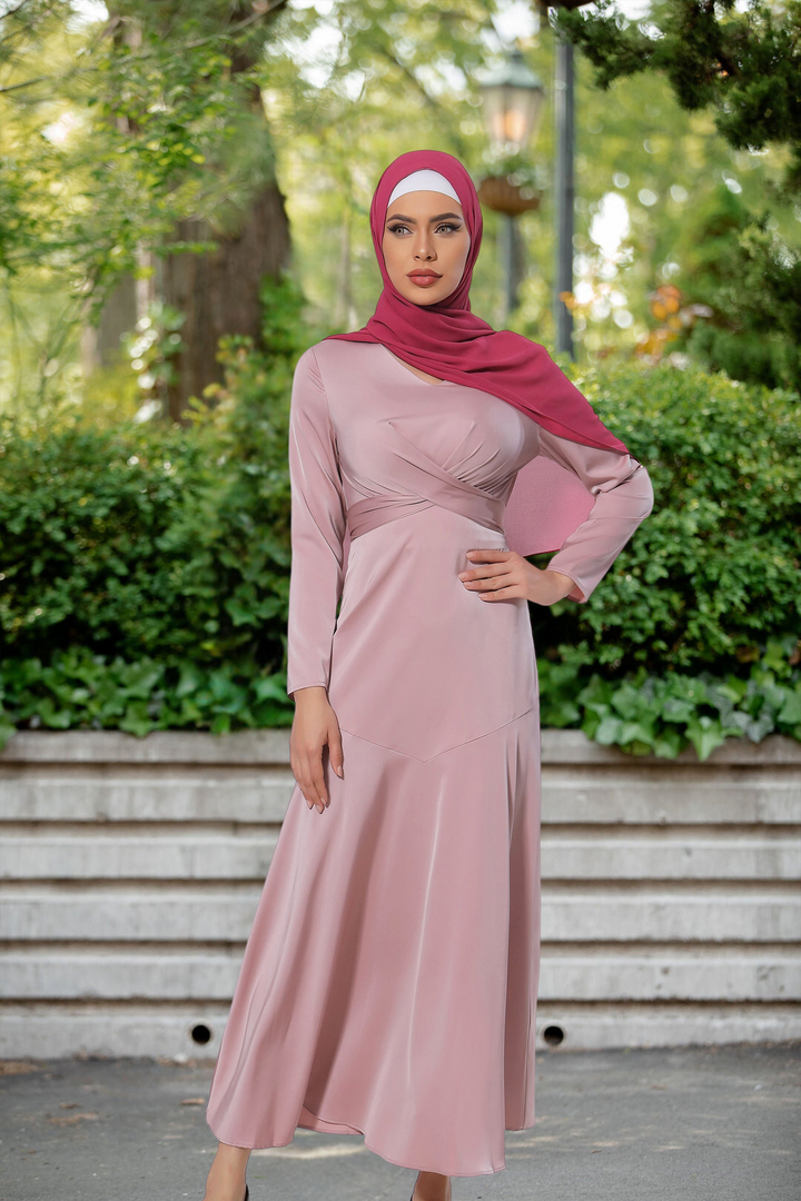 Elegant pink criss cross satin long sleeve maxi dress with hijab for modest style