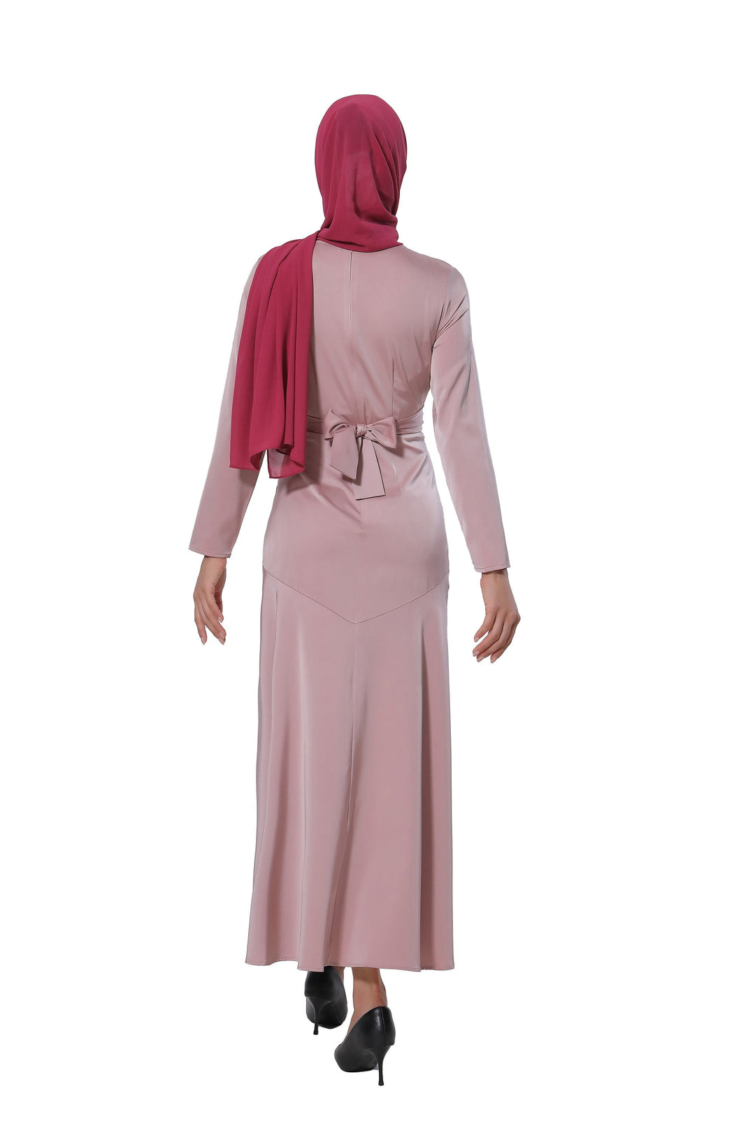 Modest pink criss cross satin long sleeve maxi dress with matching hijab on clearance