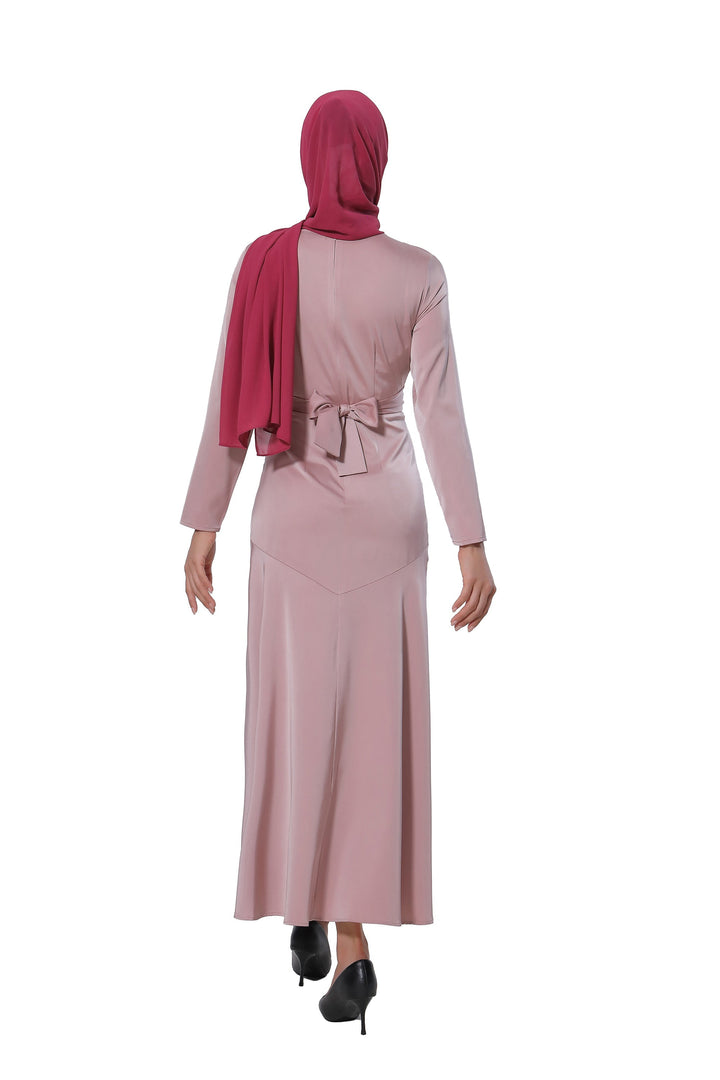 Modest pink criss cross satin long sleeve maxi dress with matching hijab on clearance