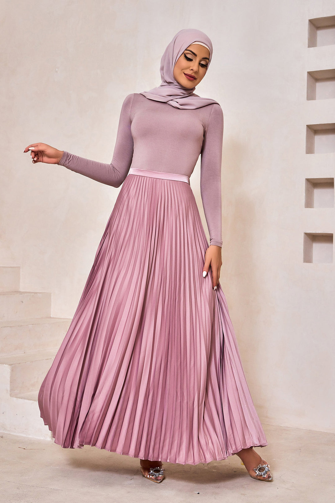 Dusty Pink Satin Pleated Maxi Skirt-CLEARANCE