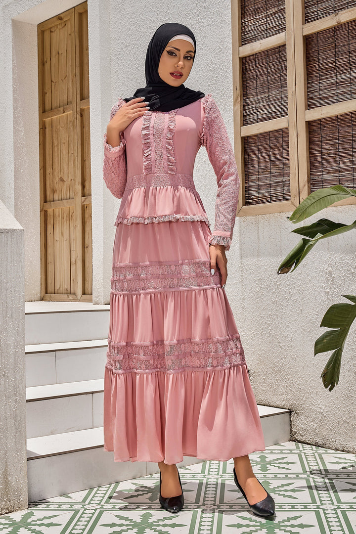 Pink Triple Tiered Lace Maxi Dress-CLEARANCE