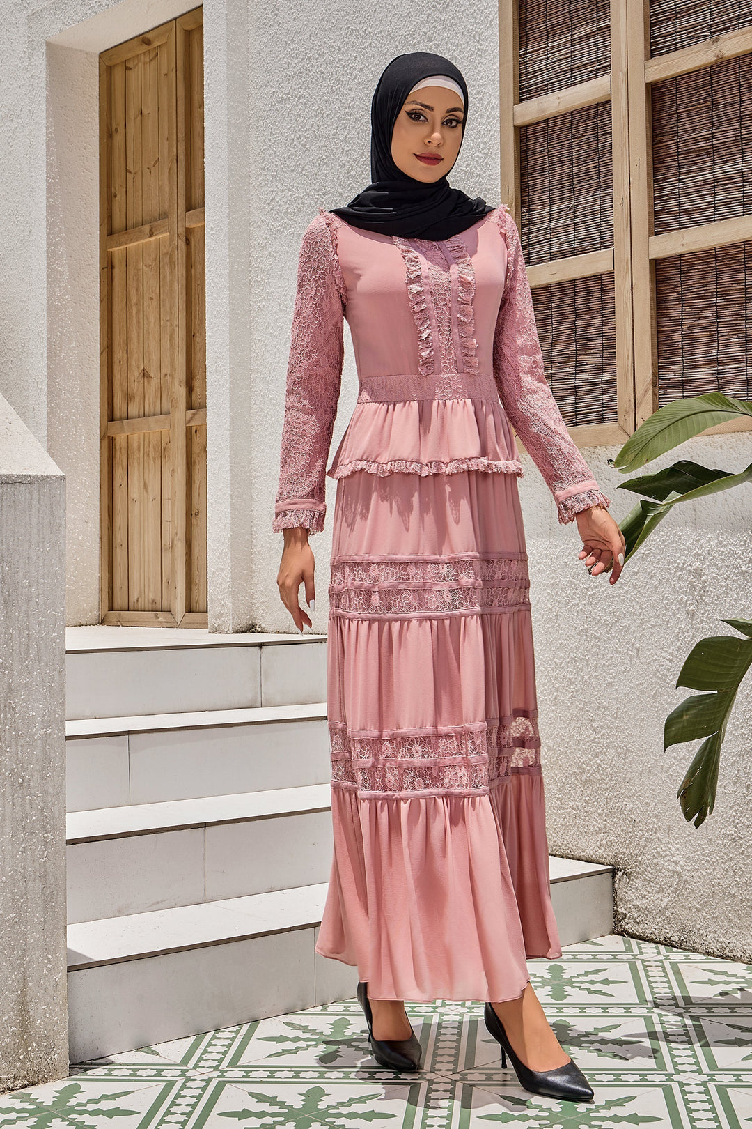 Pink Triple Tiered Lace Maxi Dress-CLEARANCE