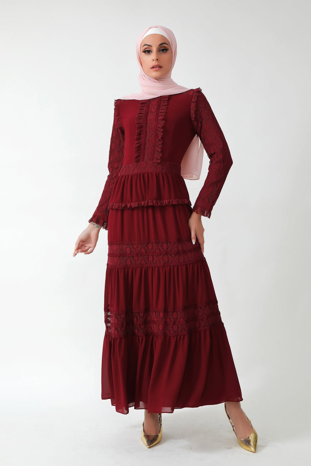 Pink Triple Tiered Lace Maxi Dress-CLEARANCE