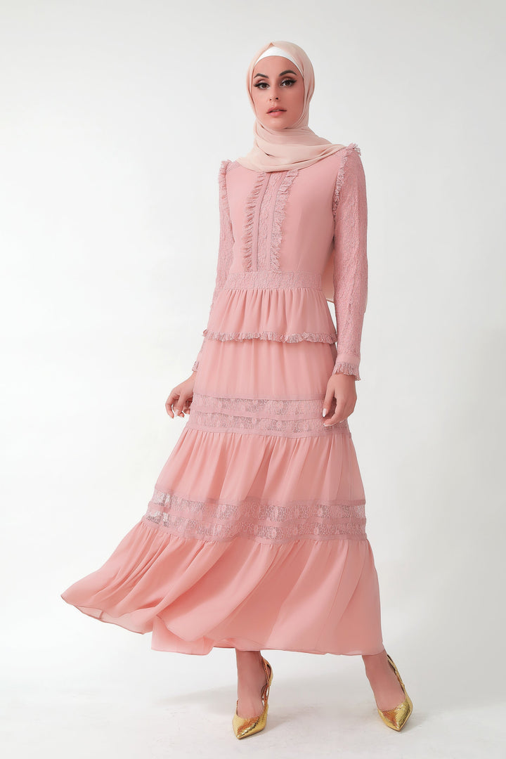 Pink Triple Tiered Lace Maxi Dress-CLEARANCE