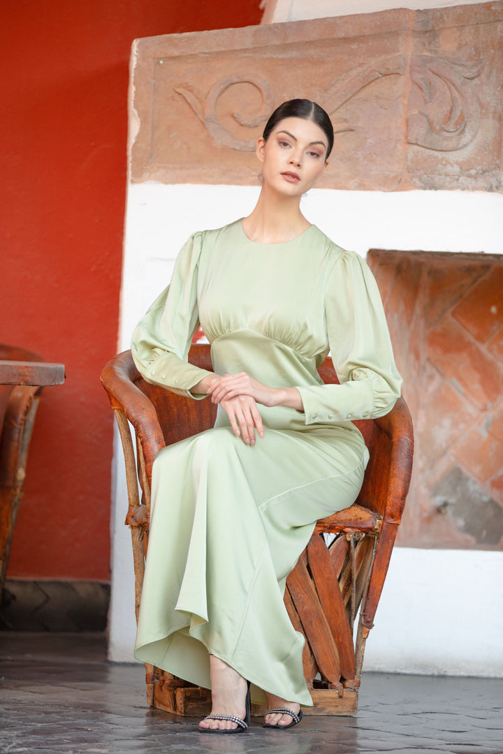 Elegant Pistachio Satin Long Sleeve Maxi Dress with batwing sleeves for a stylish look