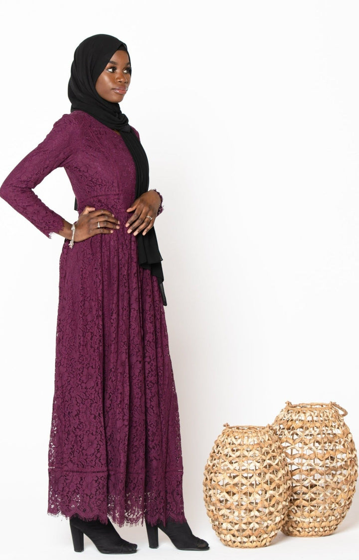 Burgundy Zahra Lace Long Sleeve Maxi Gown with zipper closure and elegant guipure lace