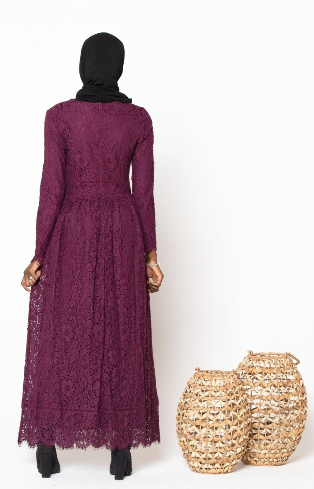 Burgundy Zahra Lace Long Sleeve Maxi Gown with hijab and zipper closure