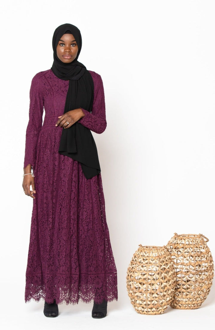 Long-sleeved maroon Zahra Lace Maxi Gown with black hijab and zipper closure