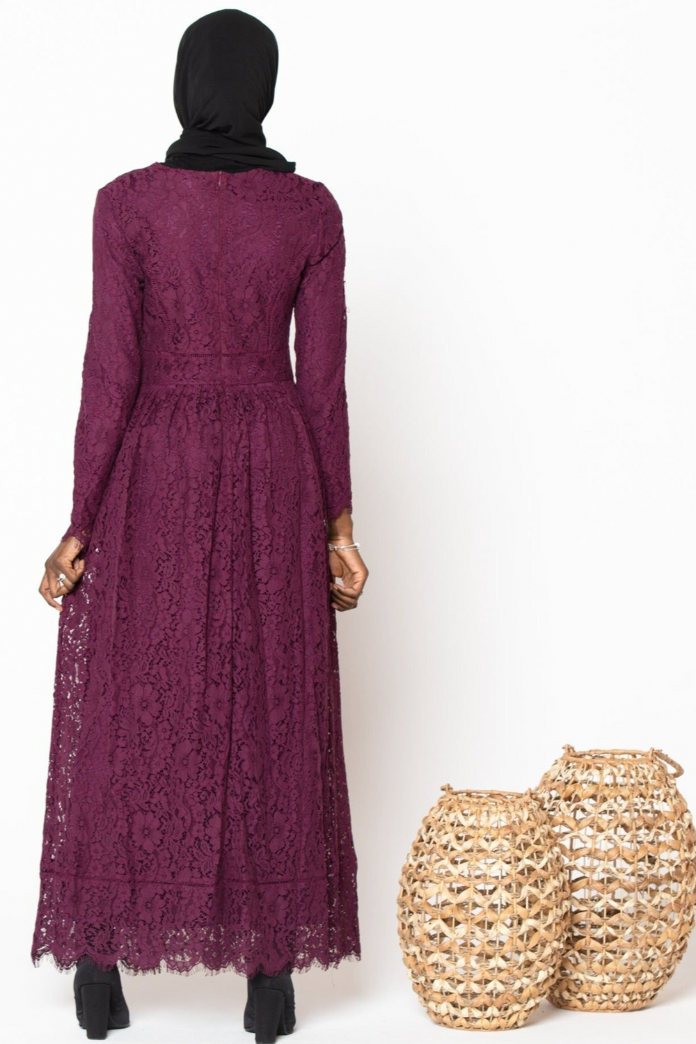 Burgundy Zahra Lace Long Sleeve Maxi Gown with guipure lace and zipper closure details