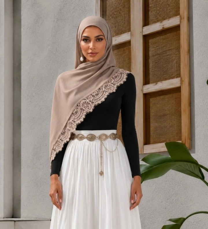 Beige Lace Trim Modal Hijab