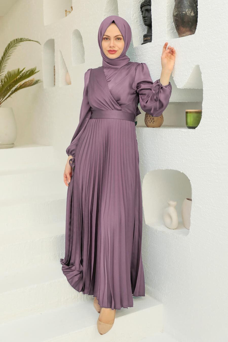 Long-sleeved mauve dress featuring a stylish Purple Criss Cross Pleated Satin design