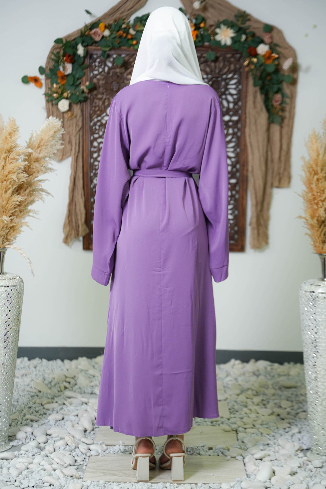 Lavender belted modest dress featuring kimono sleeve abaya and fabric tie belt