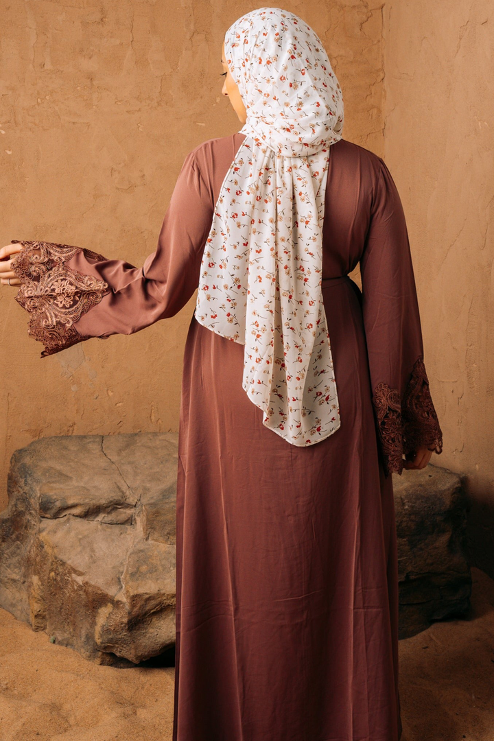 Woman in a brown dress with floral hijab wearing a Purple Lace Sleeve Zipper Abaya Dress