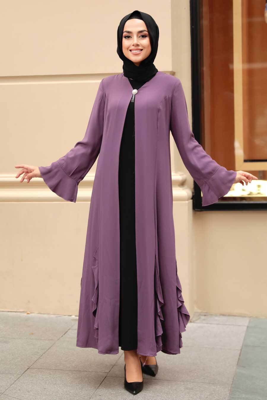 Purple Ruffle Open Abaya - Abayas