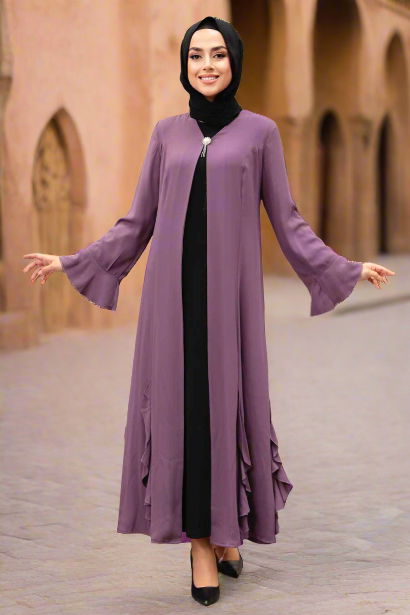 Purple Ruffle Open Abaya - Abayas