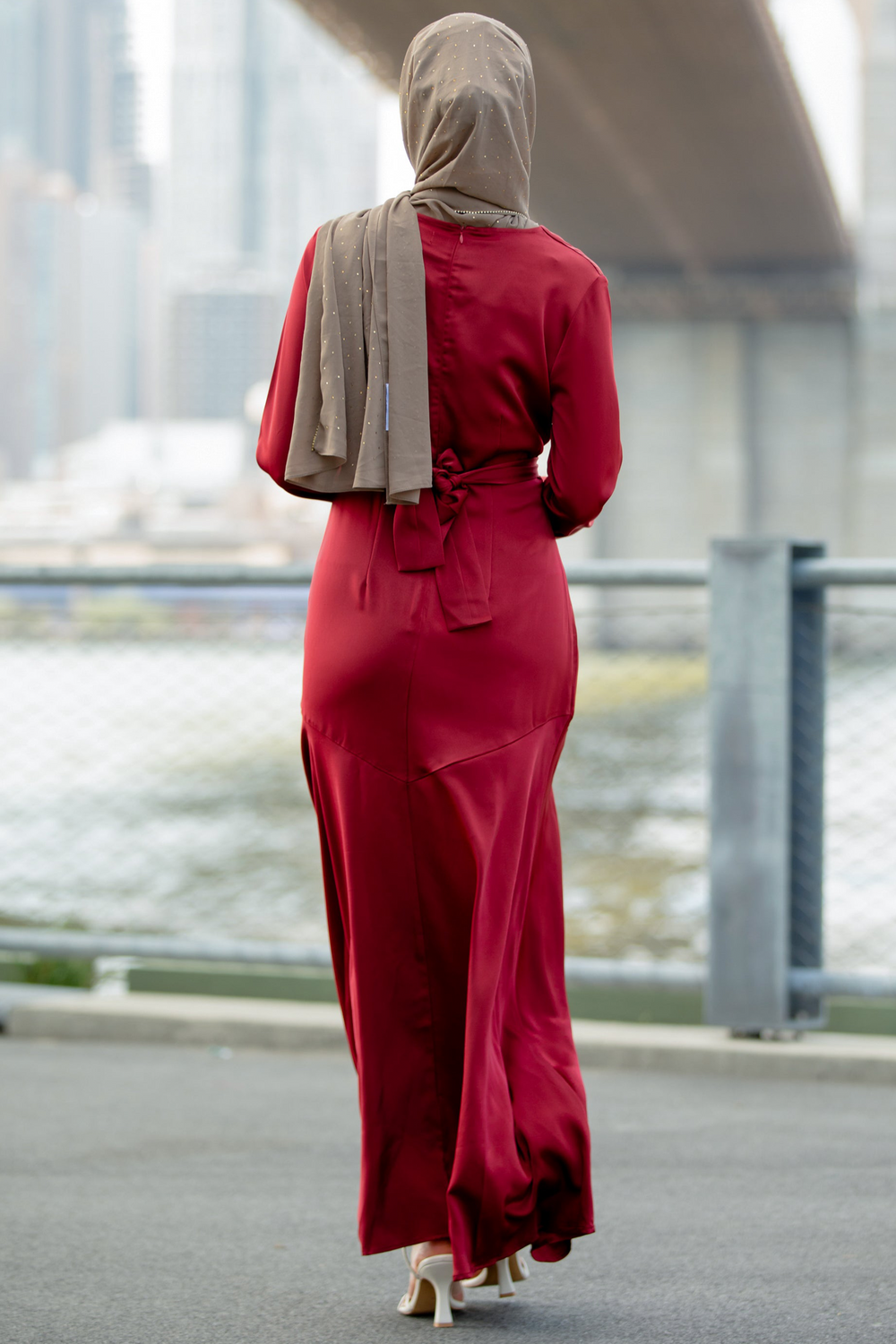 Red Criss Cross Satin Maxi Dress with hijab displayed on model for clearance sale