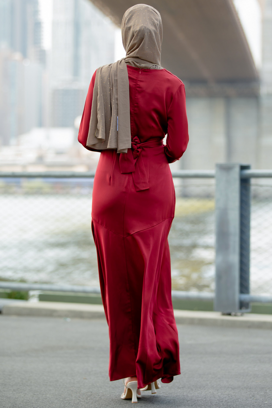 Red Criss Cross Satin Maxi Dress with hijab featuring a stylish cross wrap waist