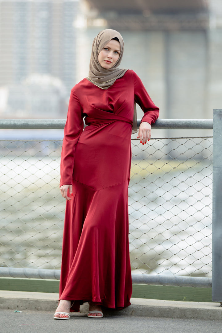 Elegant Red Criss Cross Satin Maxi Dress with Hijab featuring a cross wrap waist