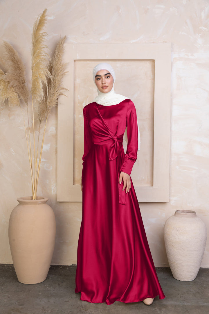 Long-sleeved Red Diana Side Knot Satin Gown with a tied waist elegant dress