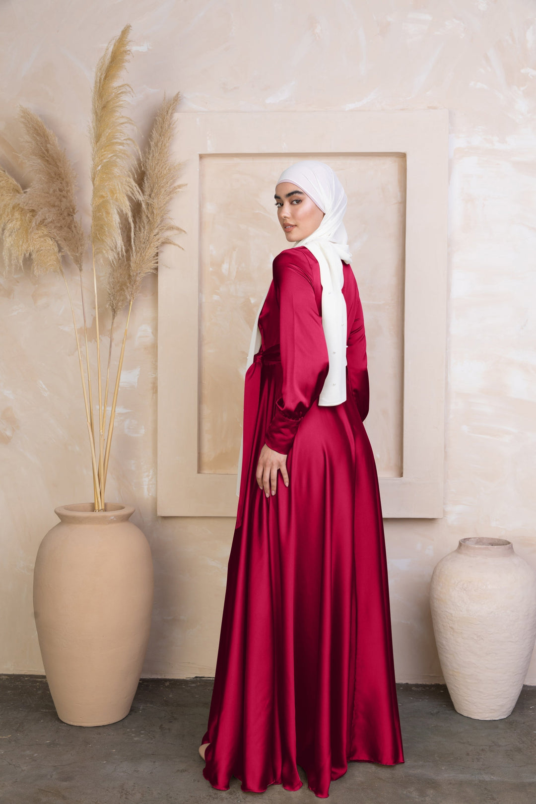 Elegant Red Diana Side Knot Satin Gown with White Hijab for a stunning look