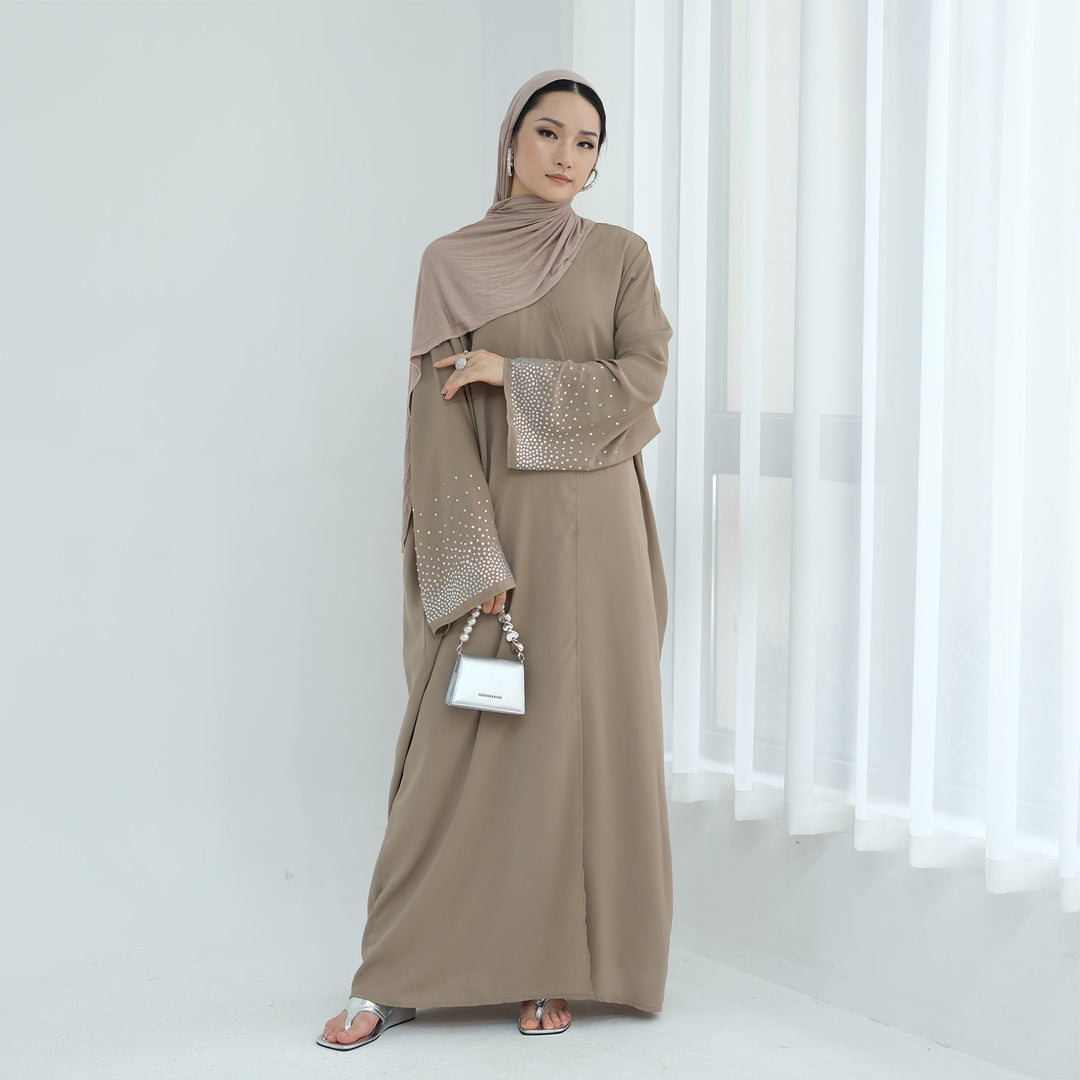 Rhinestone Open Front Abaya - Size 1 (54) / Beige - Abayas