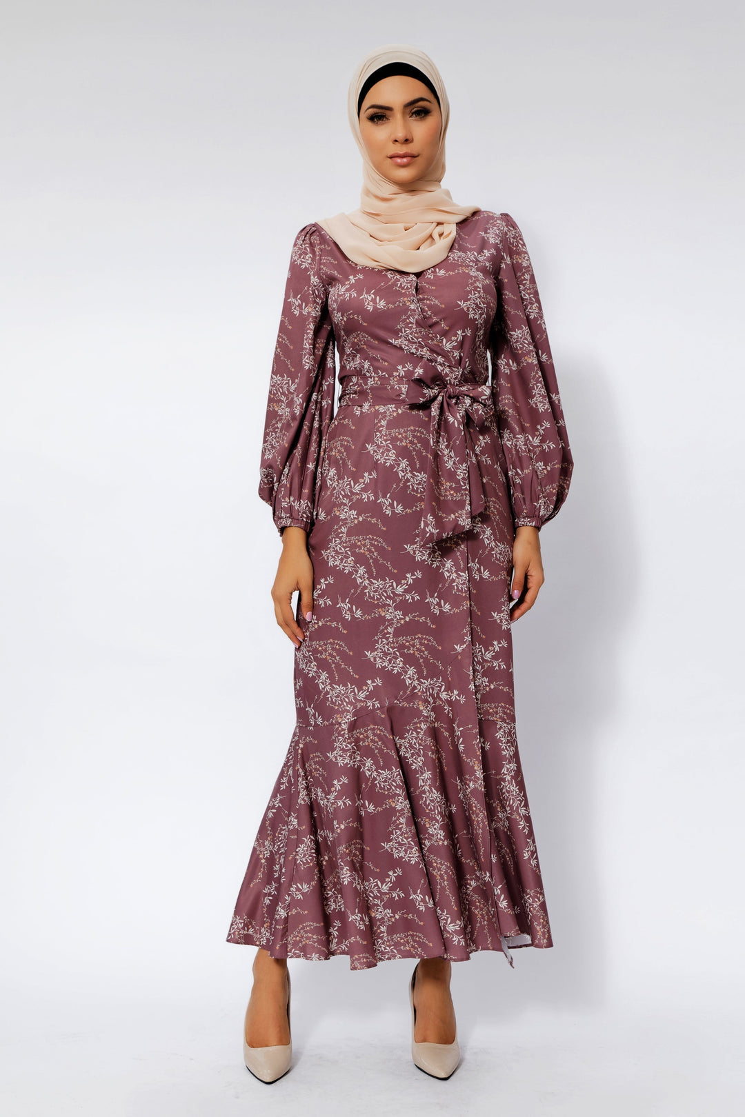 Floral-patterned mauve maxi dress with long sleeves and matching hijab on clearance