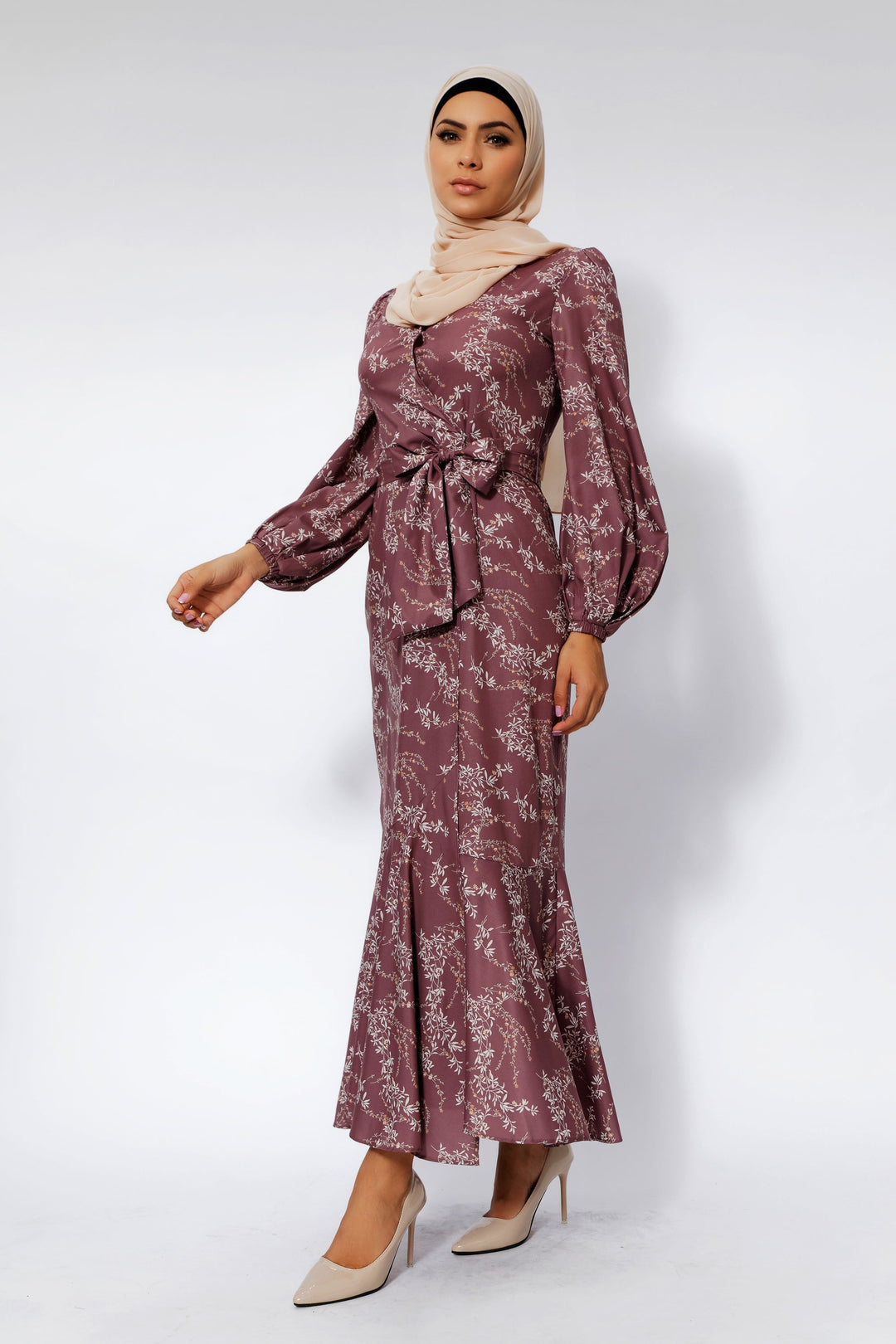 Floral ruffle faux wrap maxi dress with hijab in rose floral pattern and long sleeves