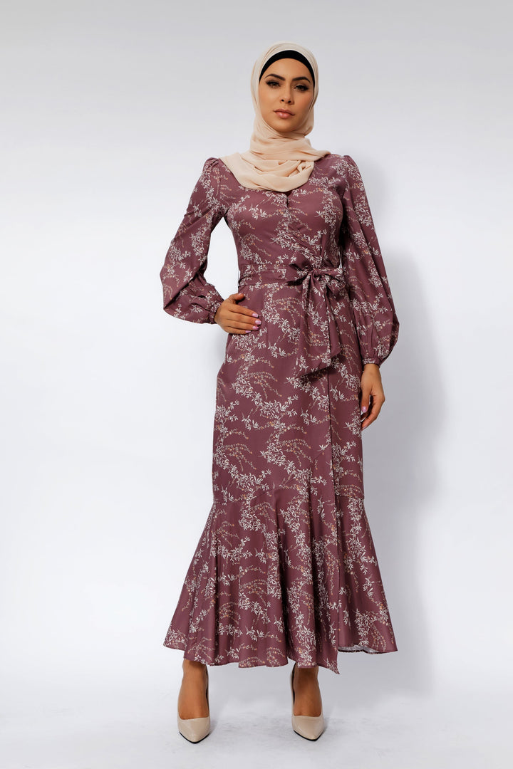 Floral ruffle faux wrap Rose Floral Ruffle Maxi Dress with hijab in mauve color