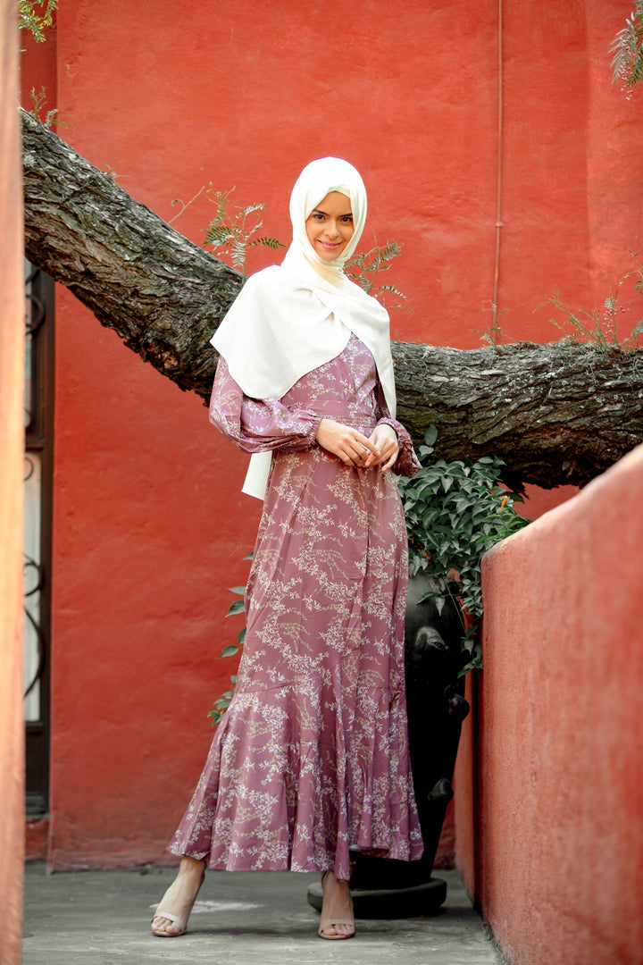 Modest Rose Floral Ruffle Faux Wrap Maxi Dress paired with a hijab for a stylish look