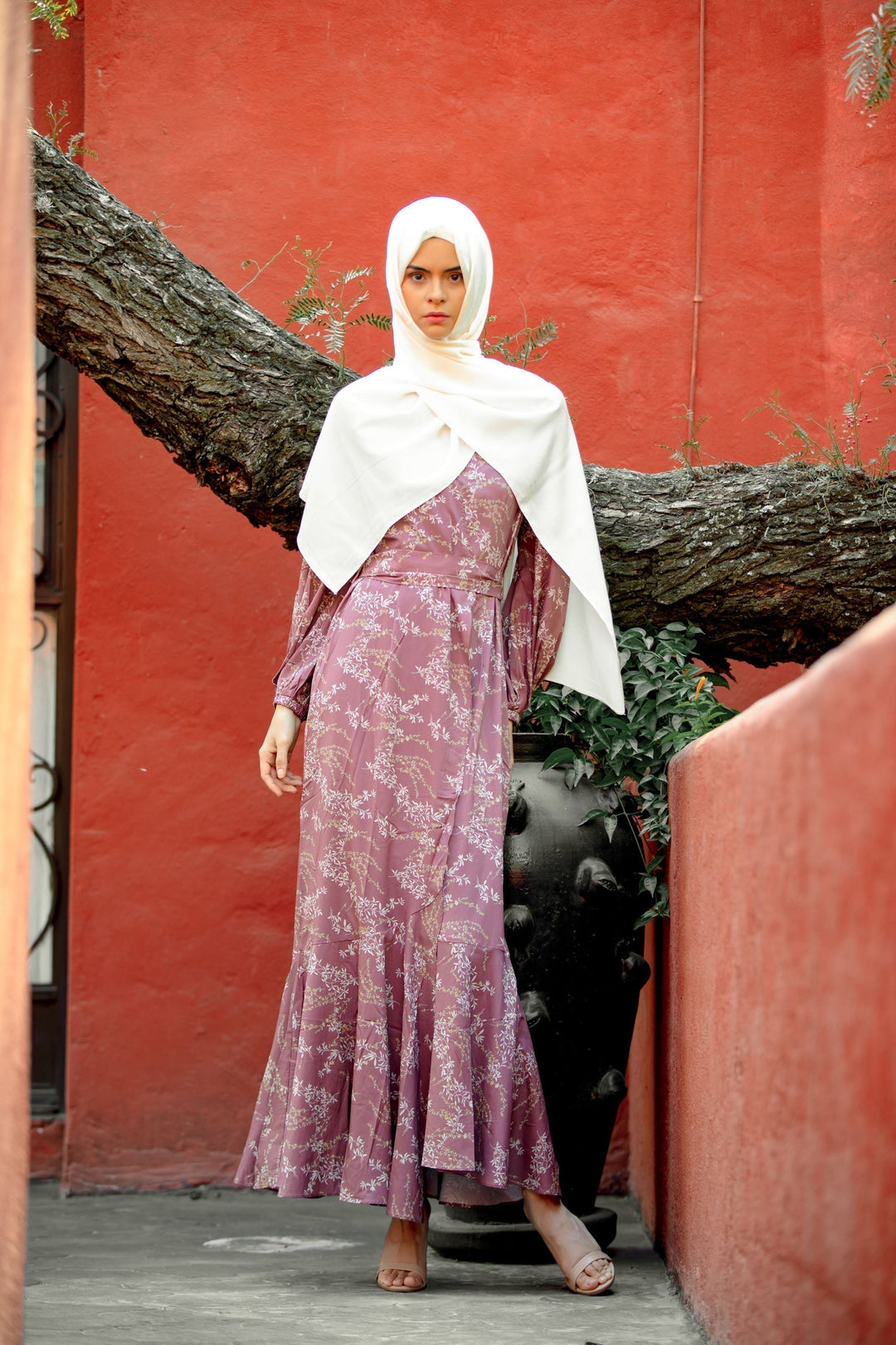 Woman in a floral dress and hijab wearing Rose Floral Ruffle Faux Wrap Maxi Dress