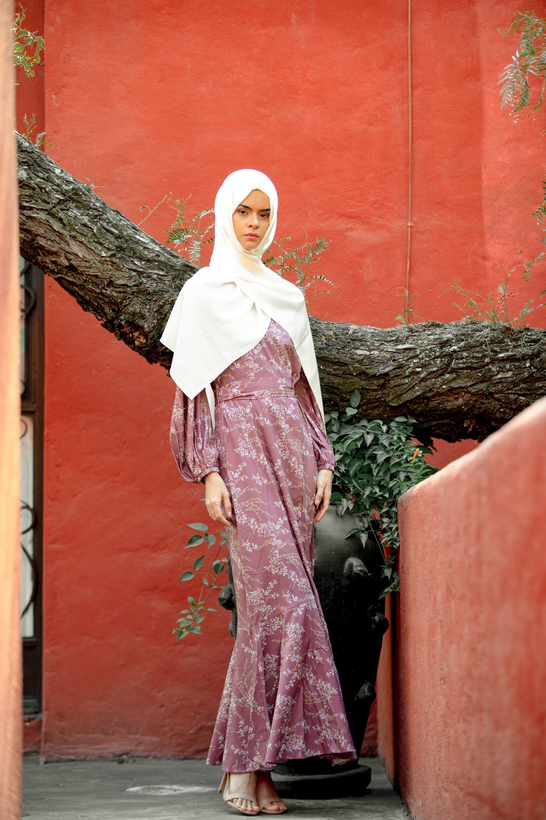 Elegant Floral Ruffle Faux Wrap Maxi Dress with Hijab in Rose Floral Ruffle design