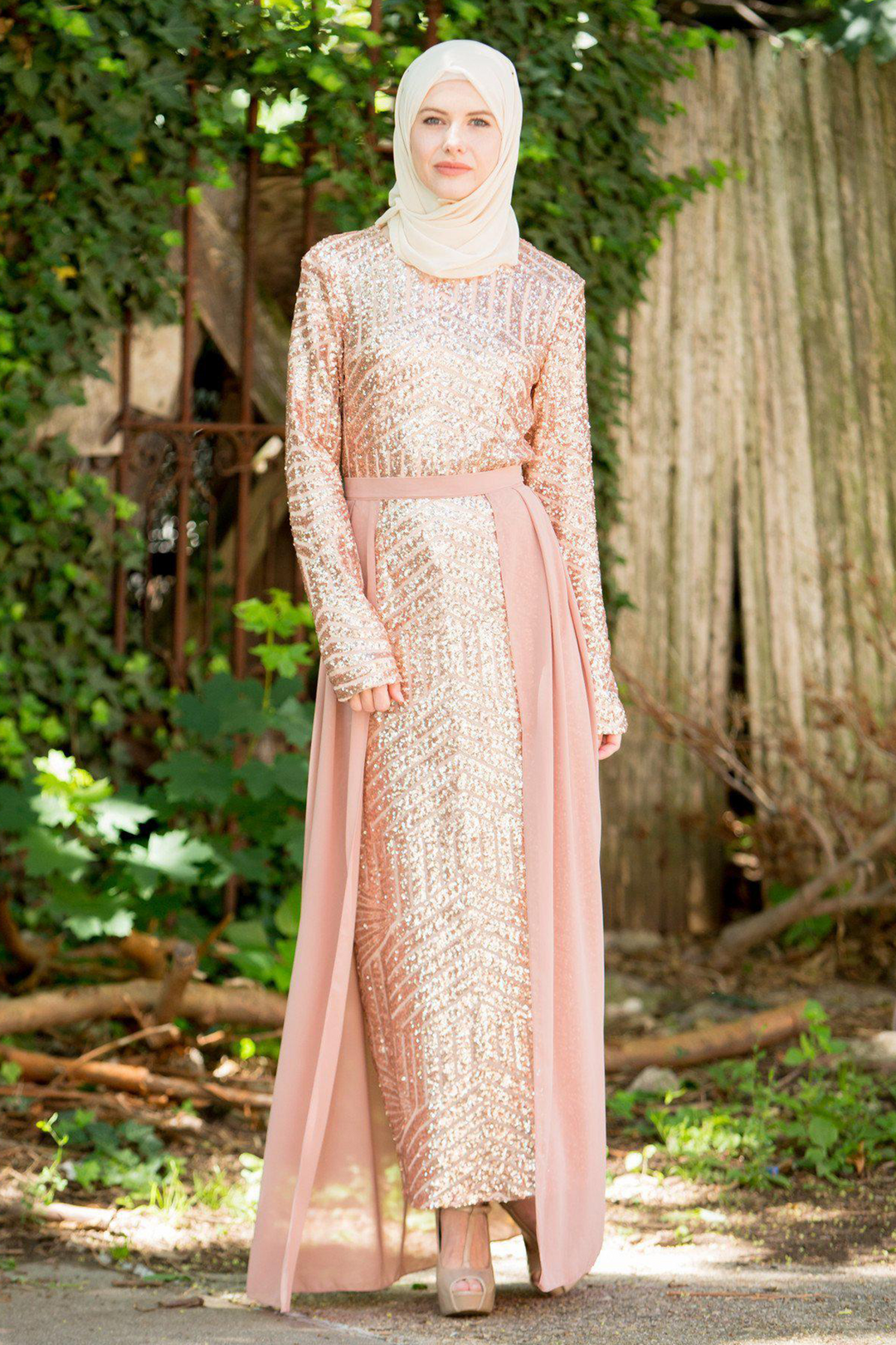 Sequin gown in rose gold with hijab, perfect for modest elegance and special occasions