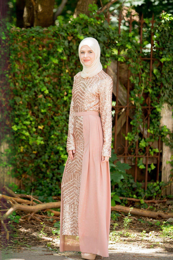 Rose Gold Chevron Sequin Gown featuring urban modesty with elegant chiffon detailing