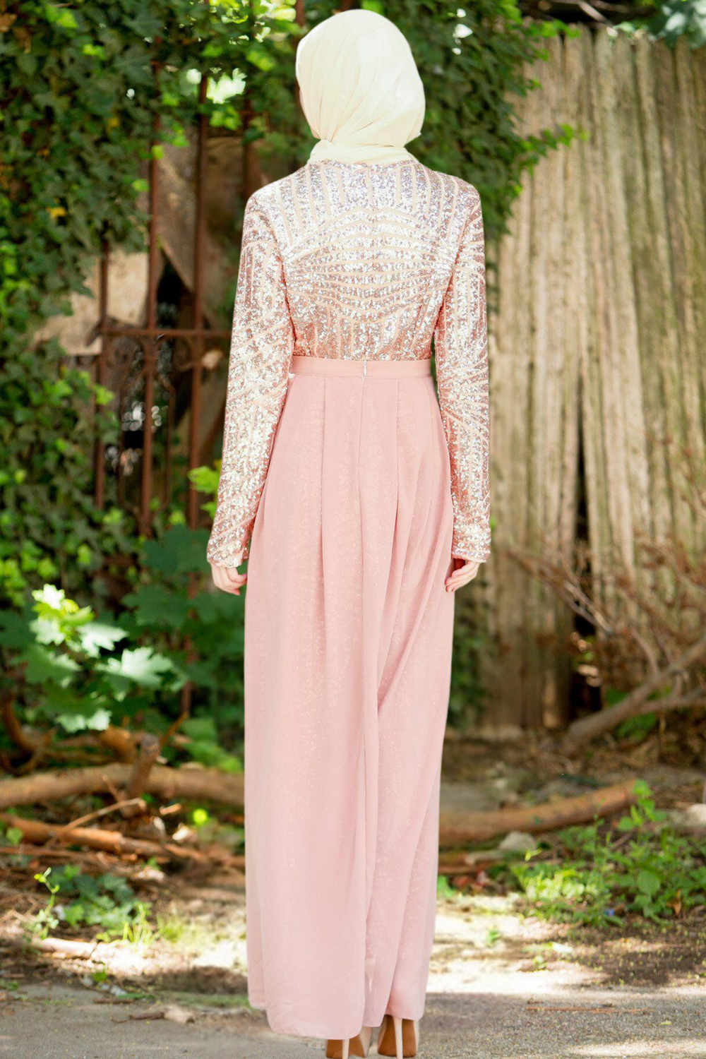 Pink Rose Gold Chevron Sequin Gown featuring elegant modest design and sparkling details