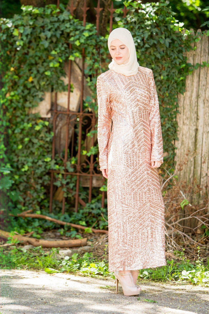 Sequin gown in rose gold with matching hijab, showcasing urban modesty style